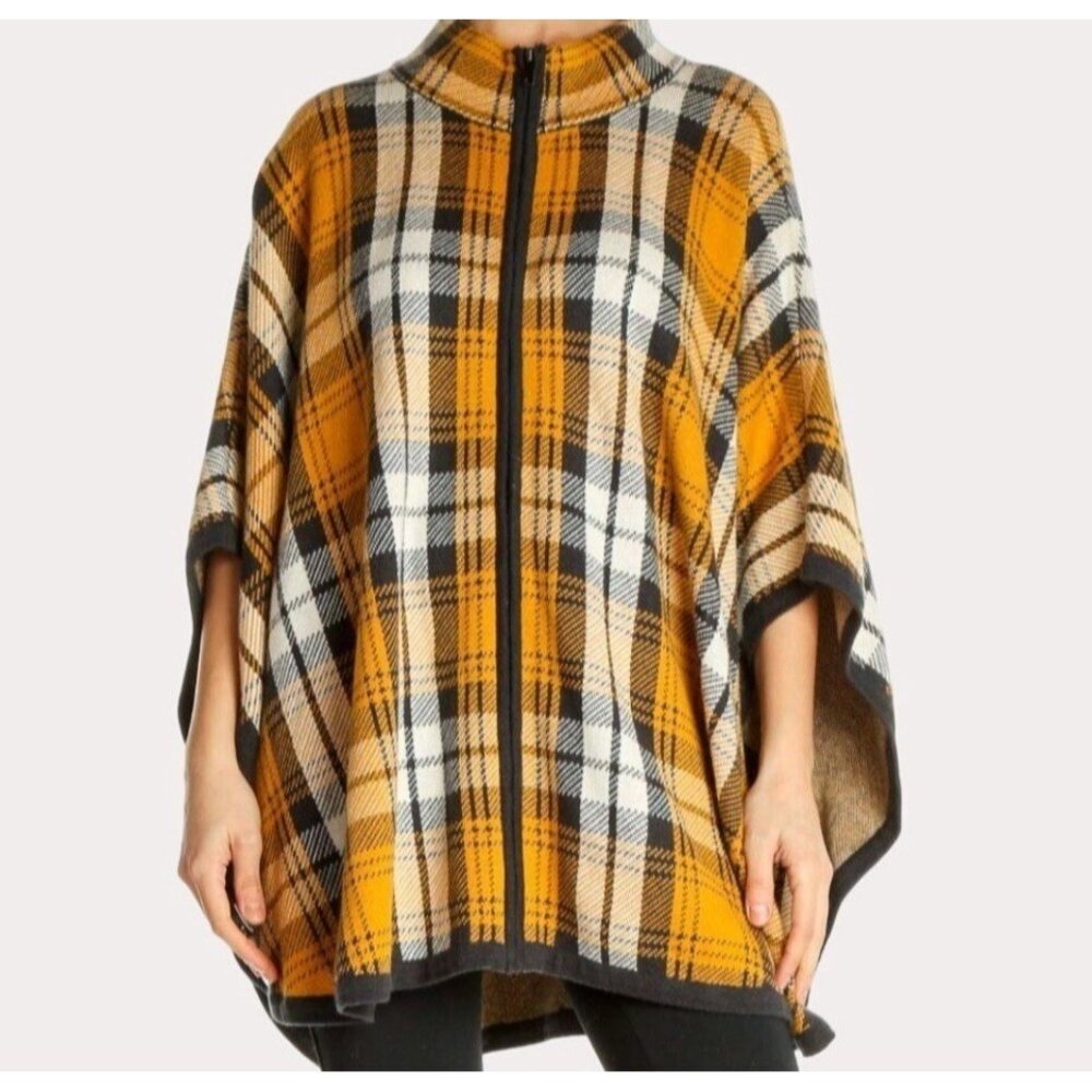 Jones New York Signature Dolman Sleeve Jacket Poncho Plaid Gold Zip Front L / XL